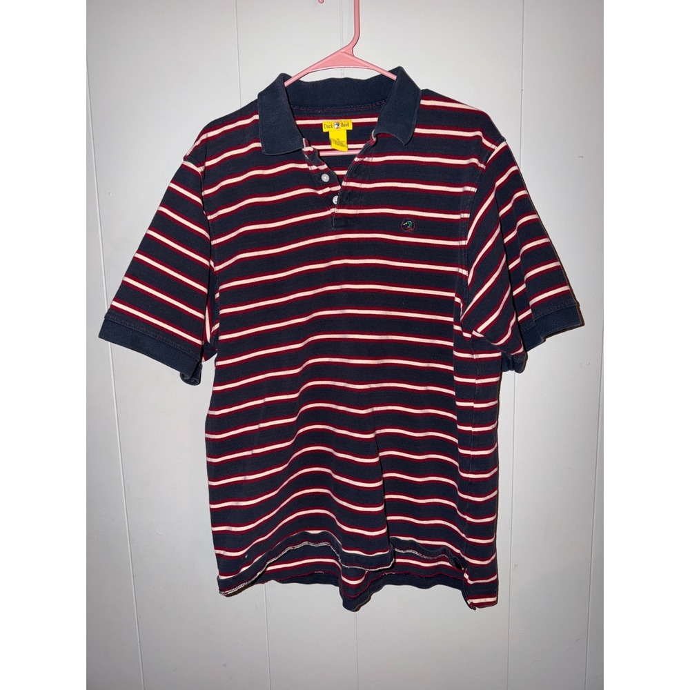 Duck Head Mens XL Polo Shirt Navy Blue Red White Striped Cotton Short Sleeve